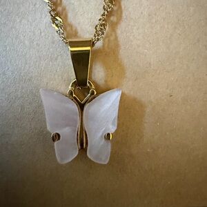 Pink Butterfly Pendant w/Gold Tone Necklace NWOT Never worn